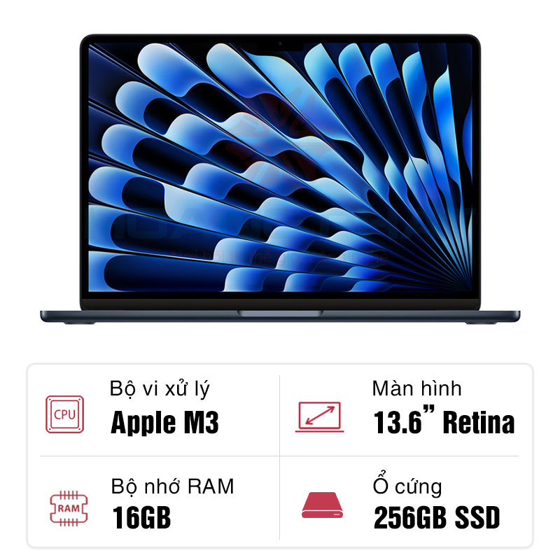 Macbook Air 13 inch M3 8CPU/10GPU/16GB/256GB - Midnight Z1BC001MQ