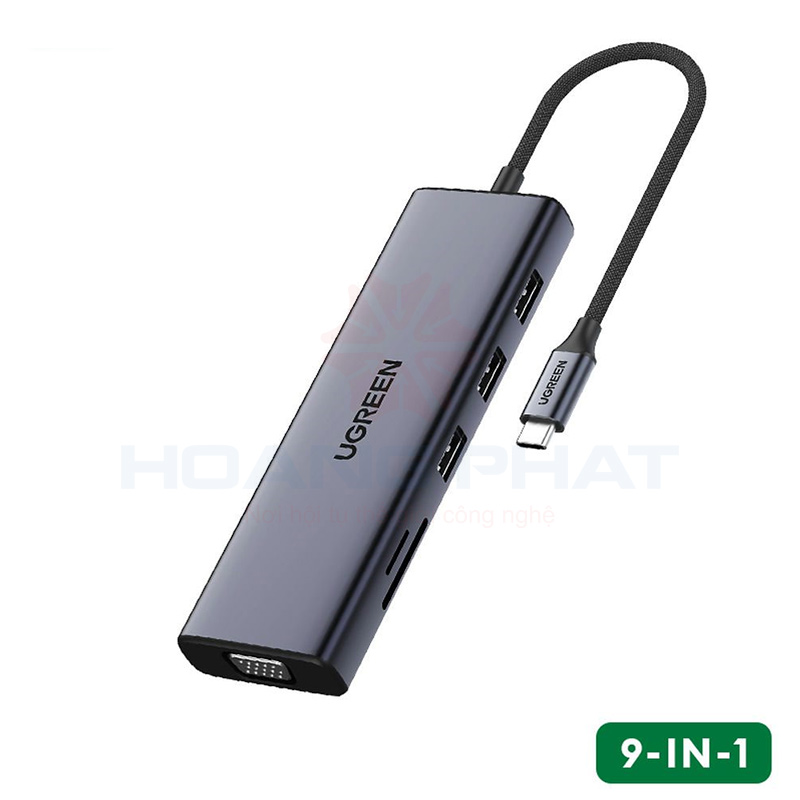 Bộ chuyển đổi Ugreen 15600 CM498 TYPE C 9 IN 1 (3 USB 3.0, HDMI, VGA, RJ45, SD/TF, USB C PD 100W)